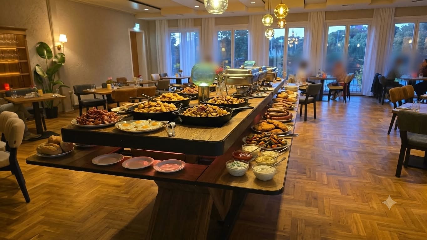 Reichhaltiges Büfett mit Bratkartoffeln, Rührei und Speck im Gastraum